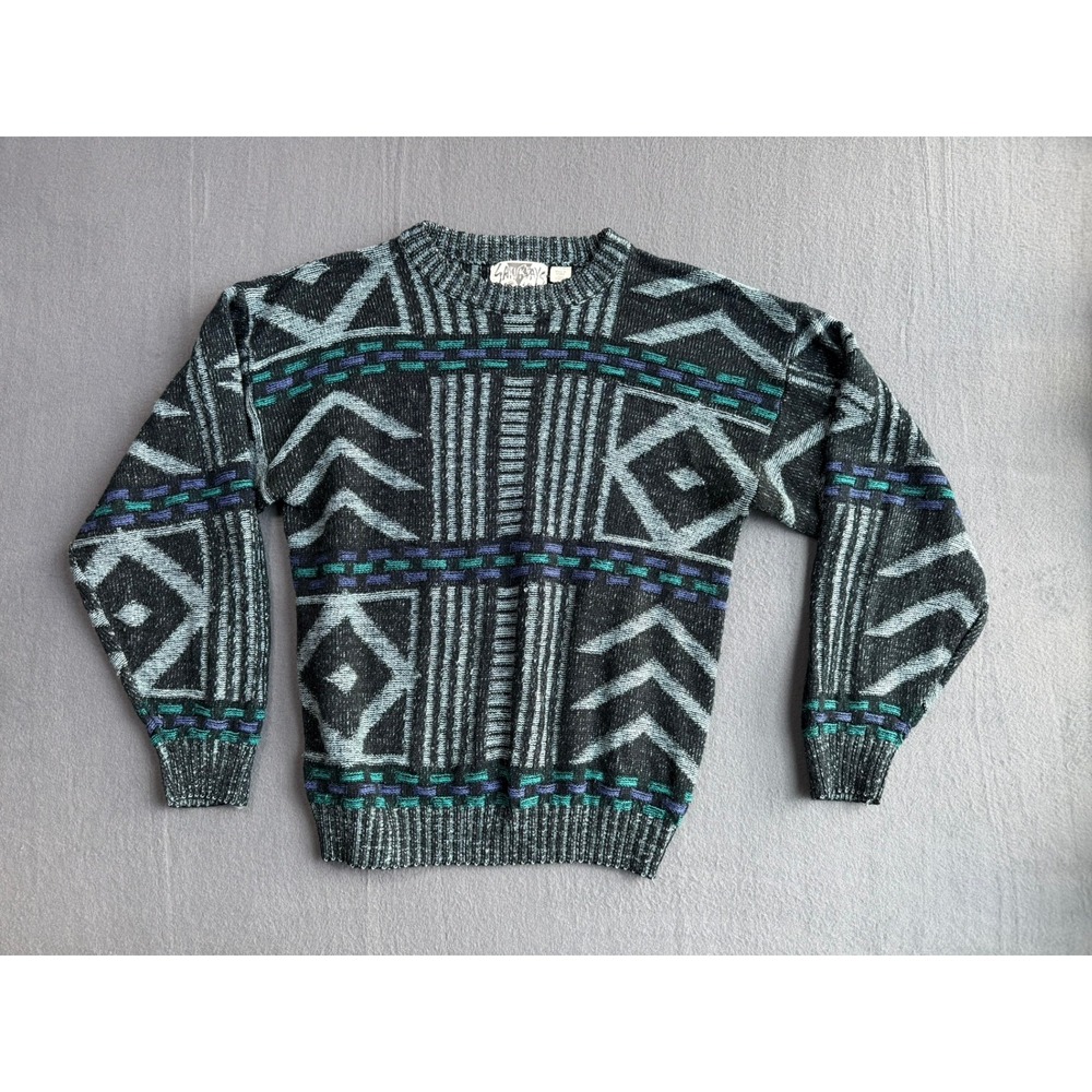 Vintage 80s 90s Saturdays Geometric Sweater Mens Medium Black Retro Crewneck